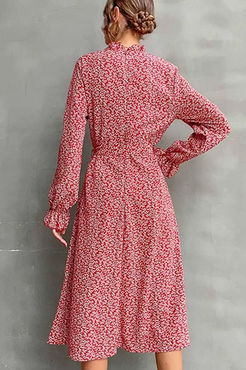 FLORAL HIGH NECK FRILL RIBBED LONGSLEEVE DRESS