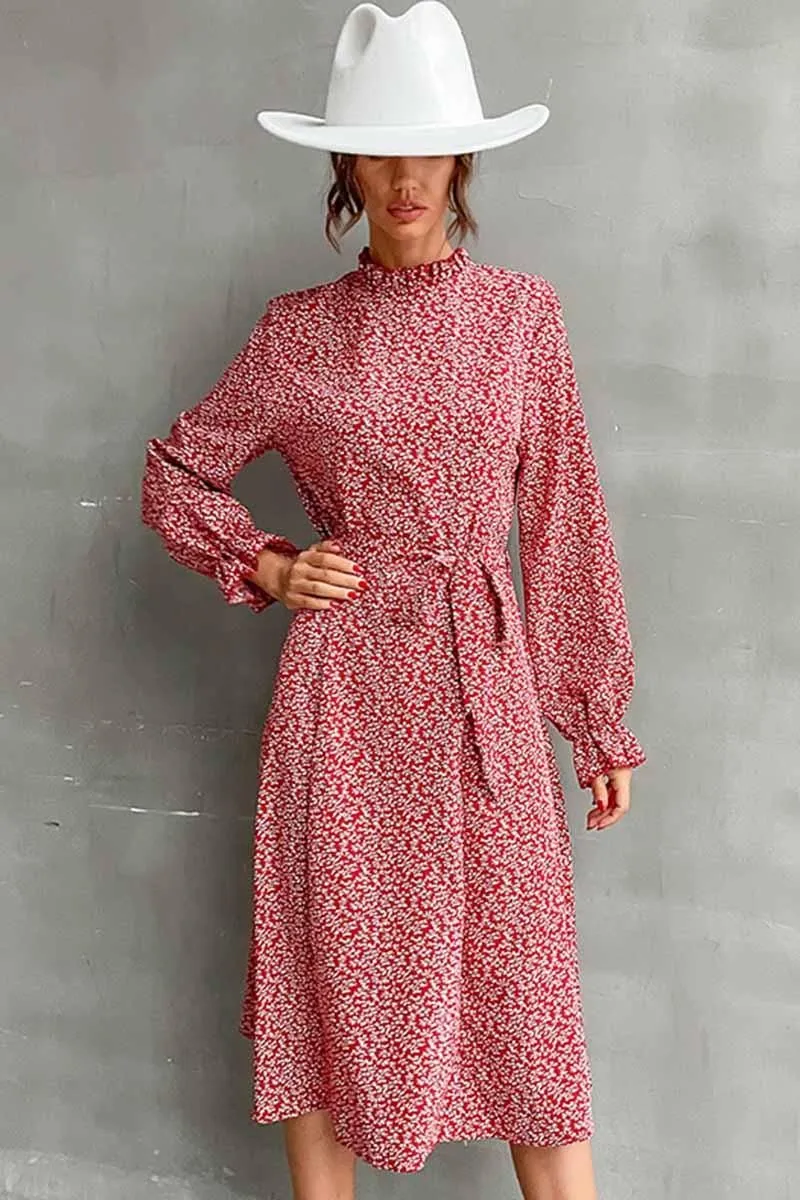 FLORAL HIGH NECK FRILL RIBBED LONGSLEEVE DRESS