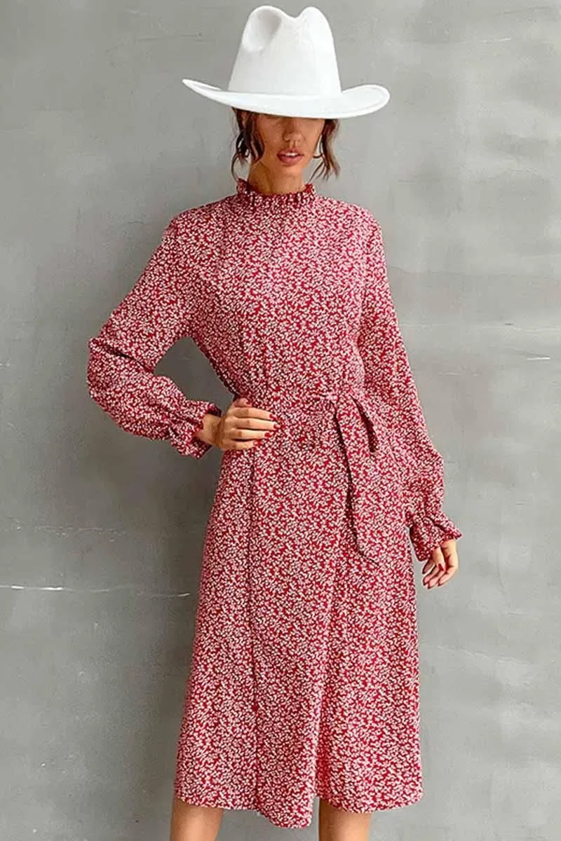 FLORAL HIGH NECK FRILL RIBBED LONGSLEEVE DRESS