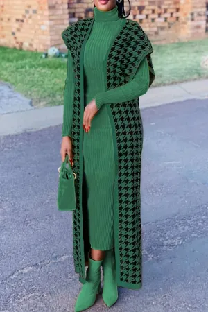 Green & Black Houndstooth Print Open Cardigan