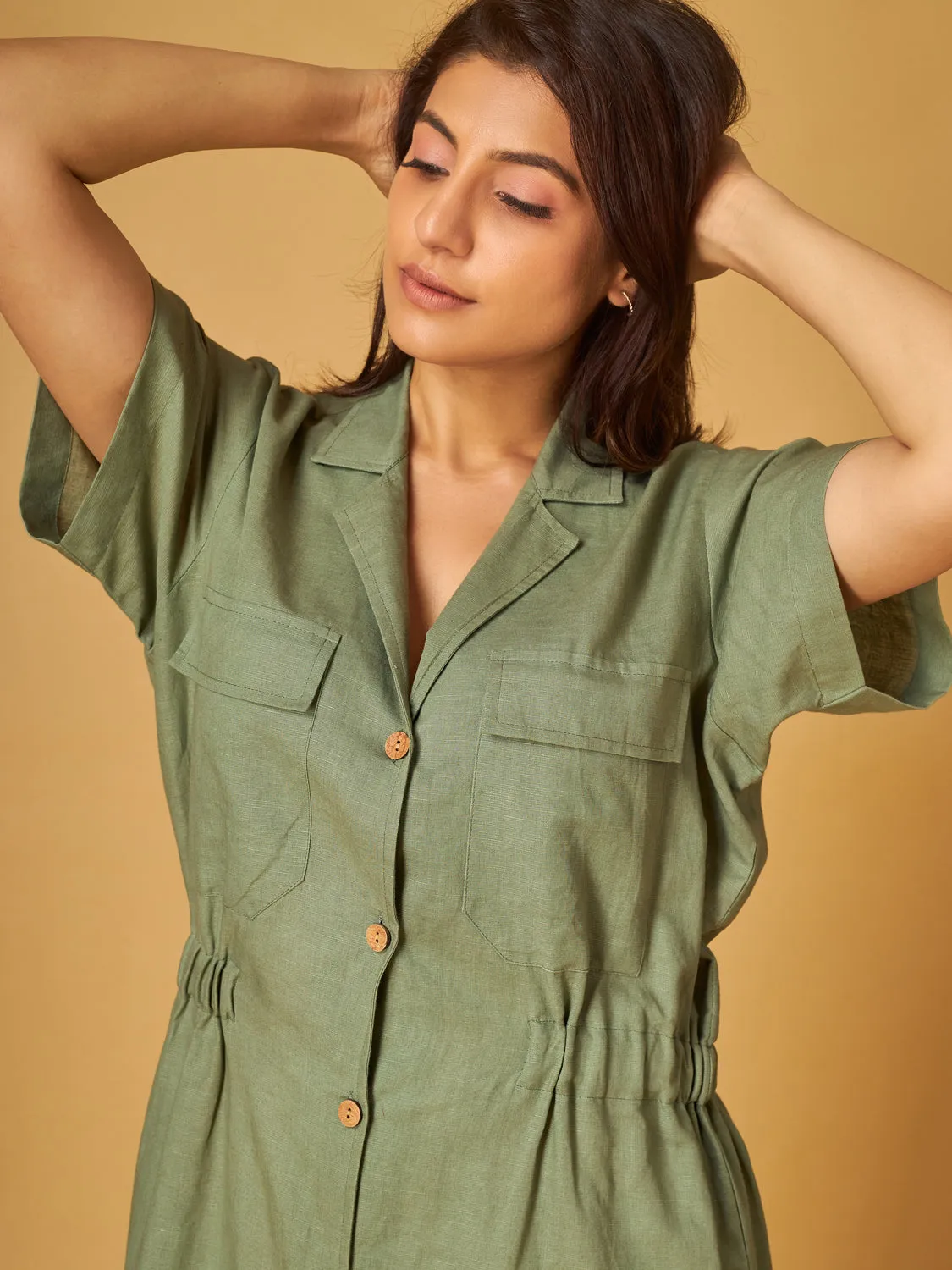 Green Bay Cotton Linen Knotch Lapel Shirt Dress