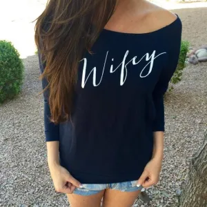 Letter Print Long Sleeves Scoop T-shirt