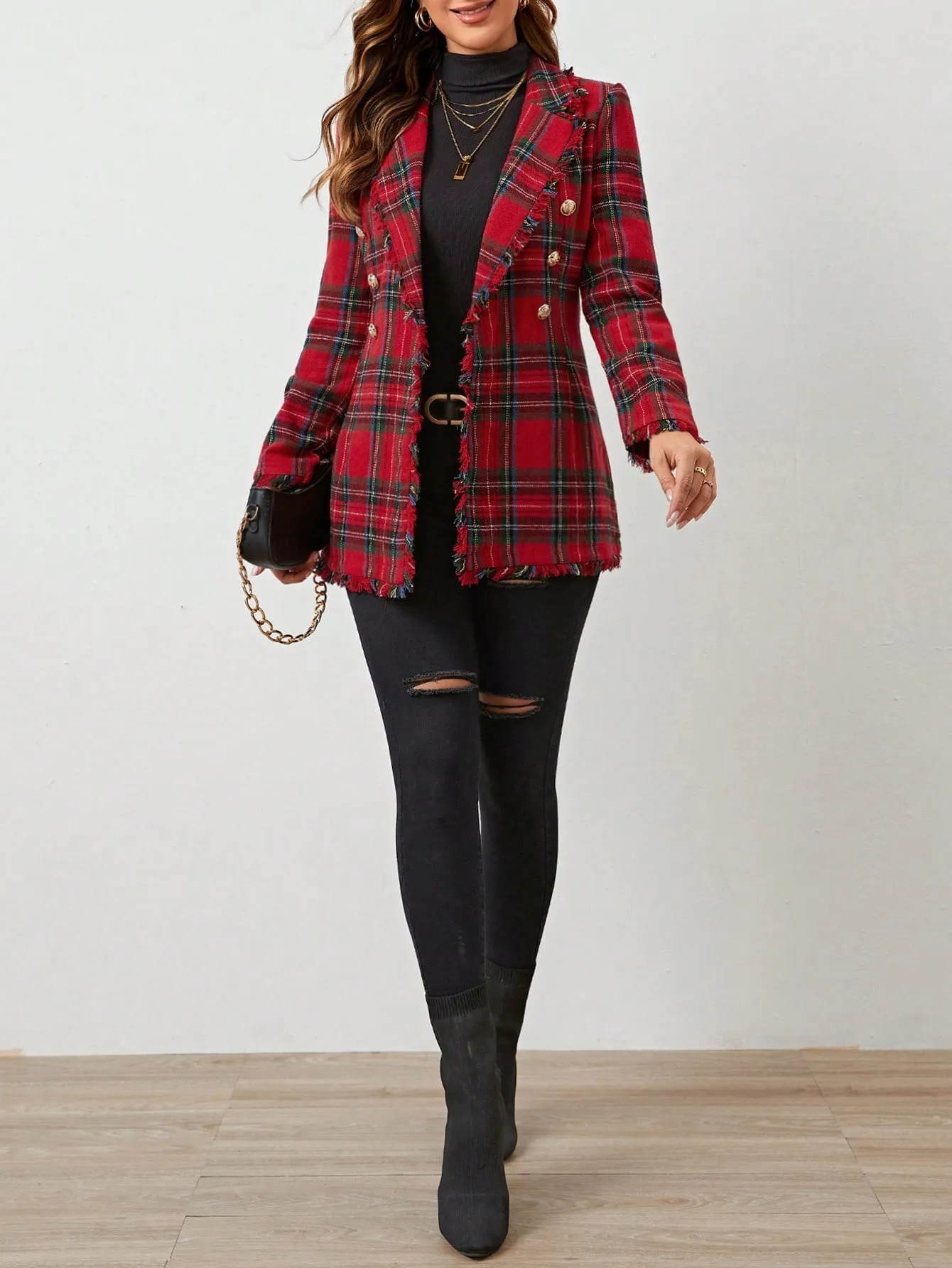 LUNE Lapel Collar Fringe Trim Tartan Blazer