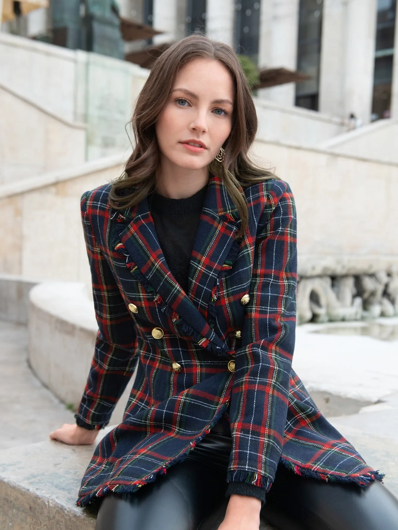 LUNE Lapel Collar Fringe Trim Tartan Blazer