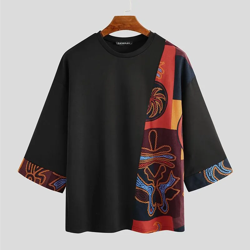 Mens Ethnic Print Patchwork Casual Short Sleeve T-Shirts SKUE66805