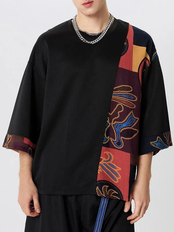Mens Ethnic Print Patchwork Casual Short Sleeve T-Shirts SKUE66805