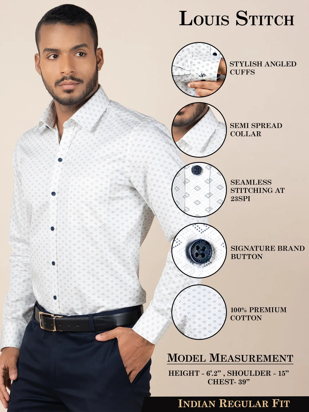 Men's Regular Fit Geometric White Formal Shirt