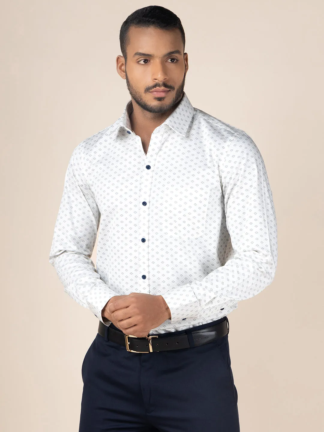 Men's Regular Fit Geometric White Formal Shirt