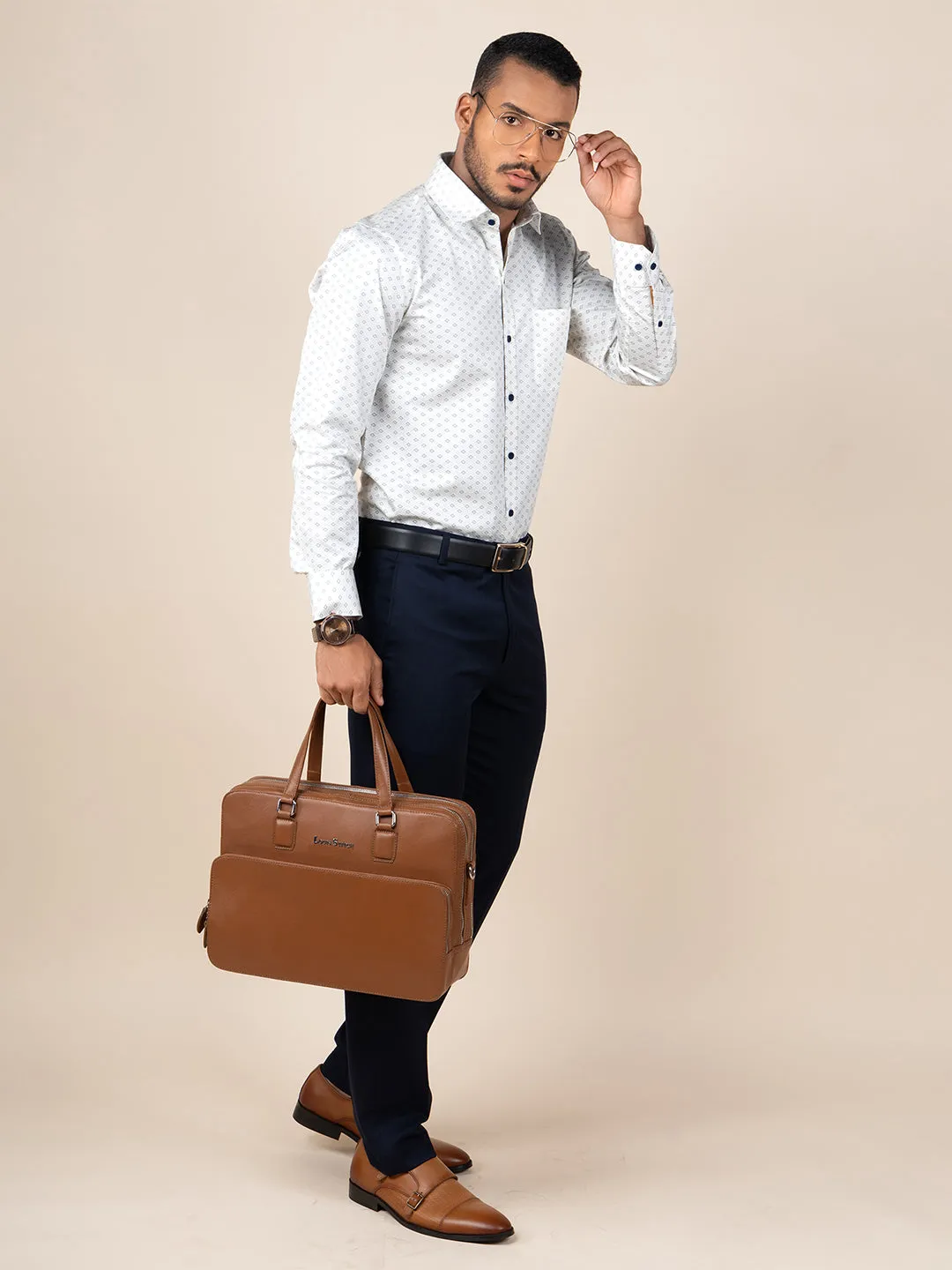 Men's Regular Fit Geometric White Formal Shirt
