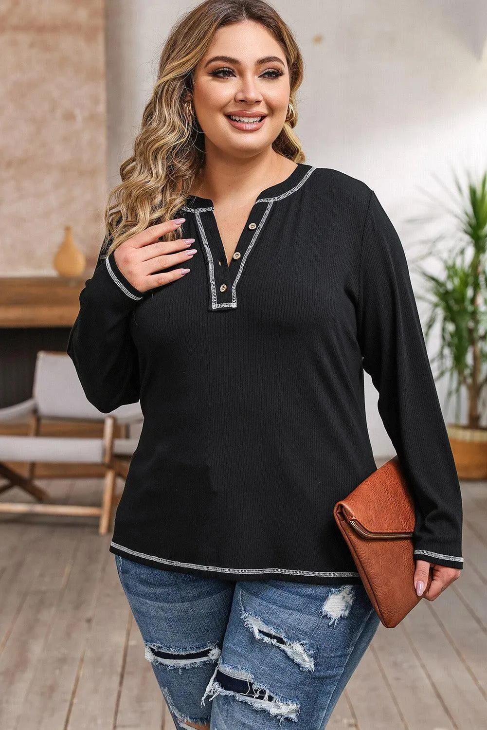 Notched Neck Women's Plus Size Long Sleeve T-Shirt