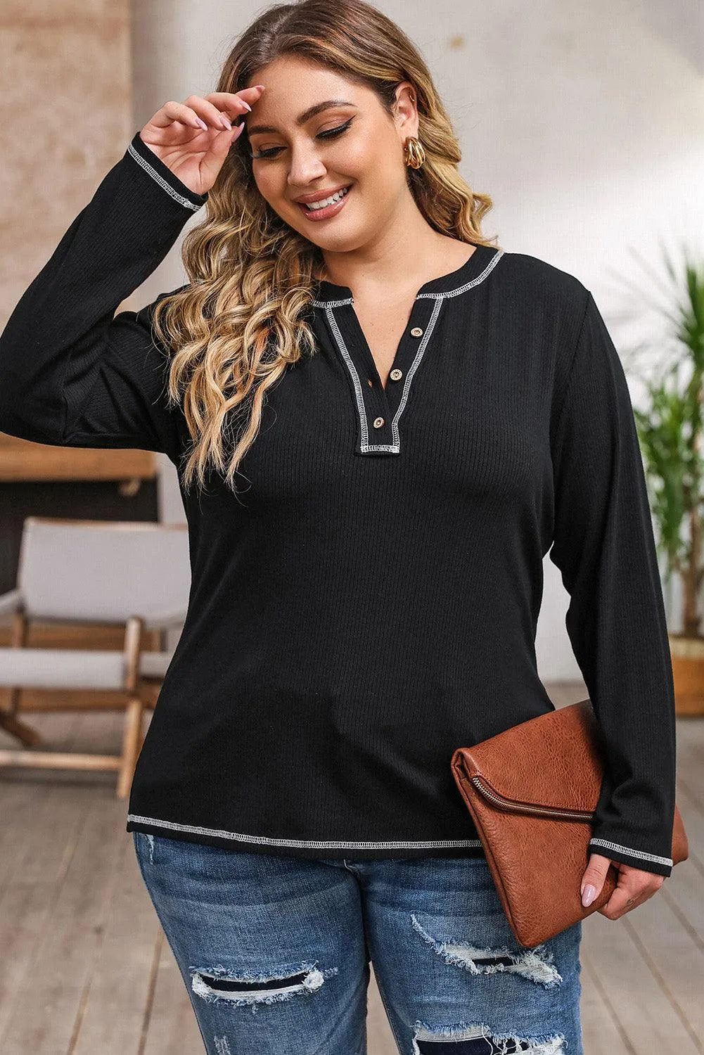 Notched Neck Women's Plus Size Long Sleeve T-Shirt