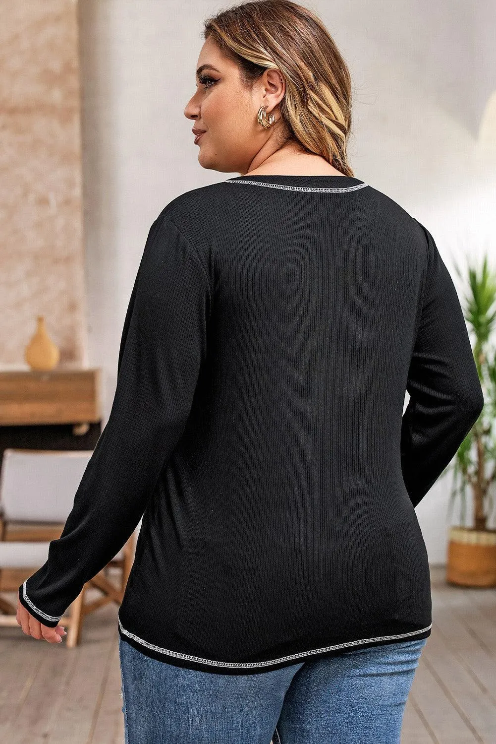 Notched Neck Women's Plus Size Long Sleeve T-Shirt