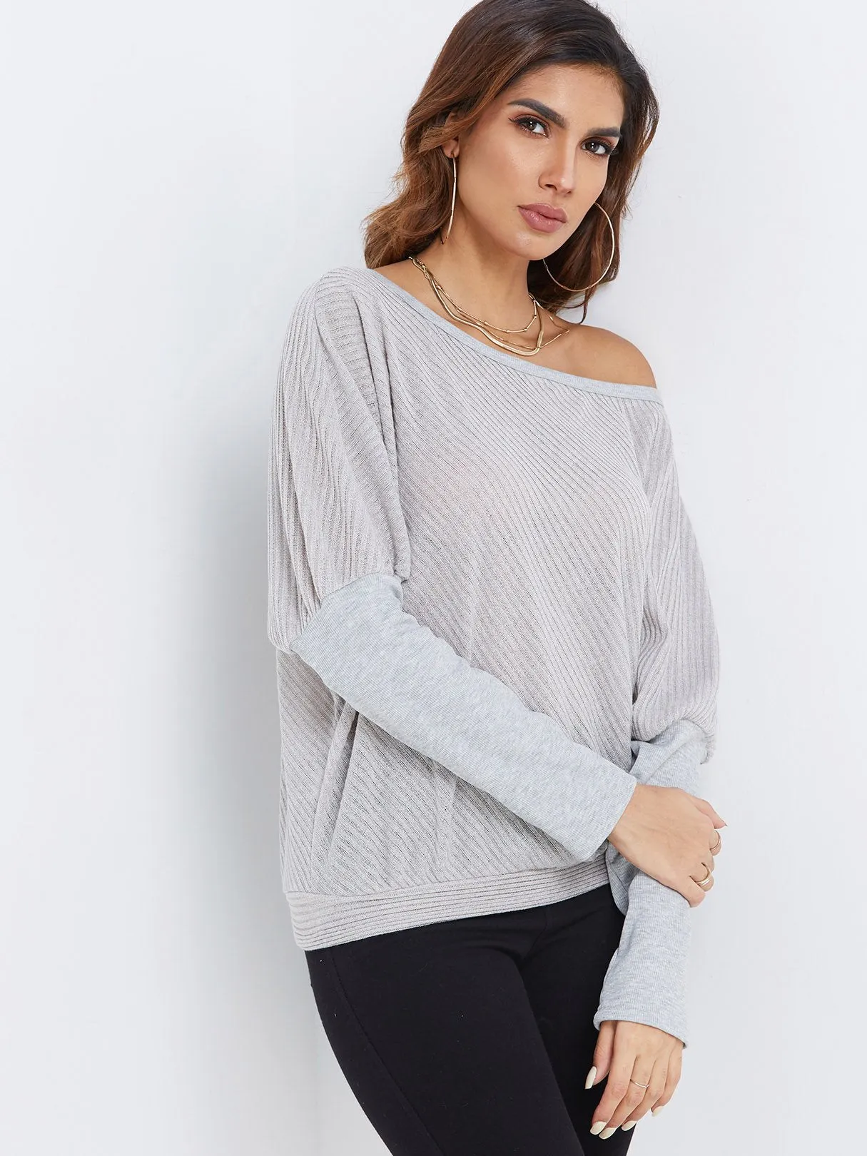 OEM ODM Round Neck One Shoulder Plain Long Sleeve Grey Top