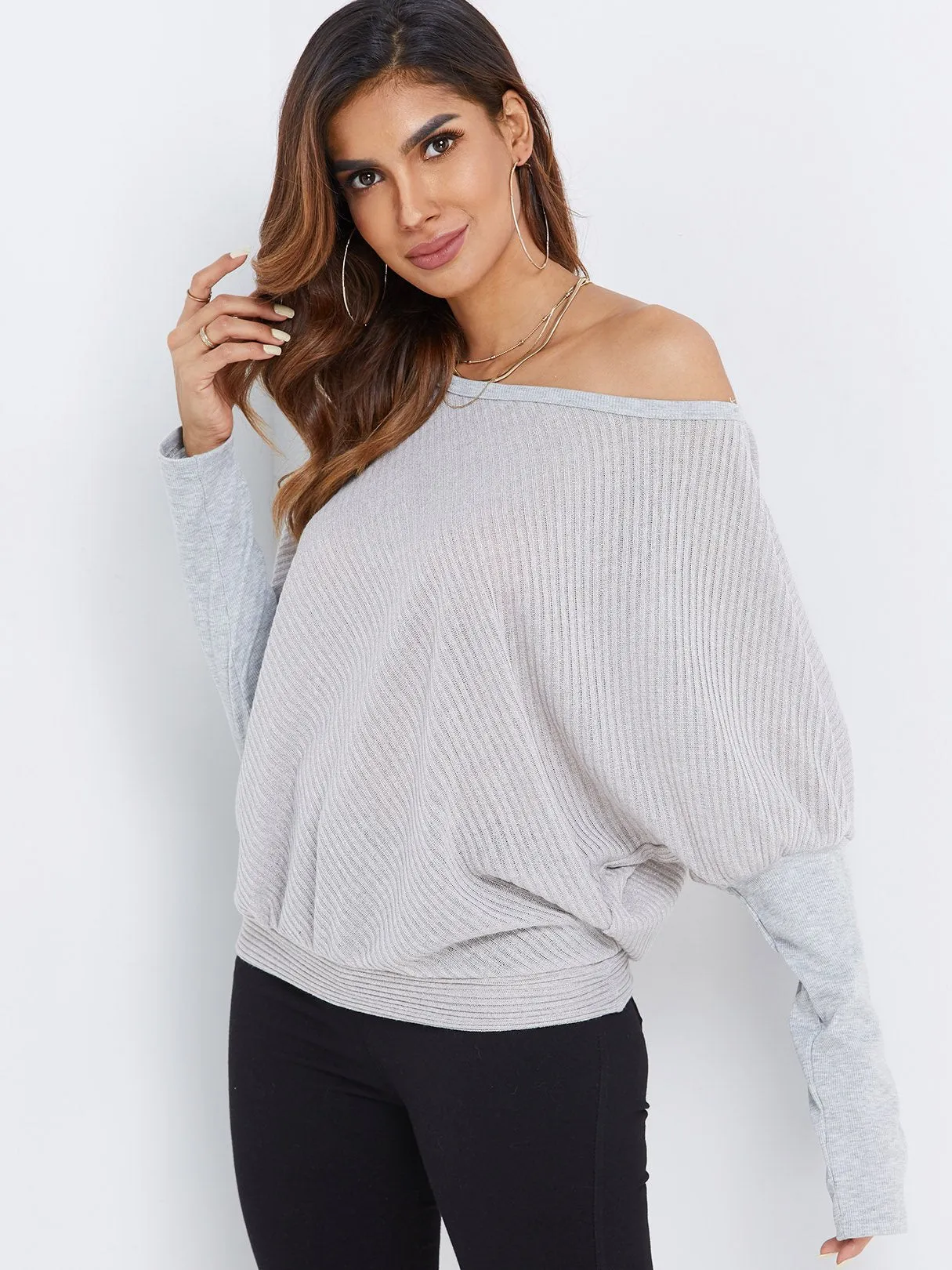 OEM ODM Round Neck One Shoulder Plain Long Sleeve Grey Top