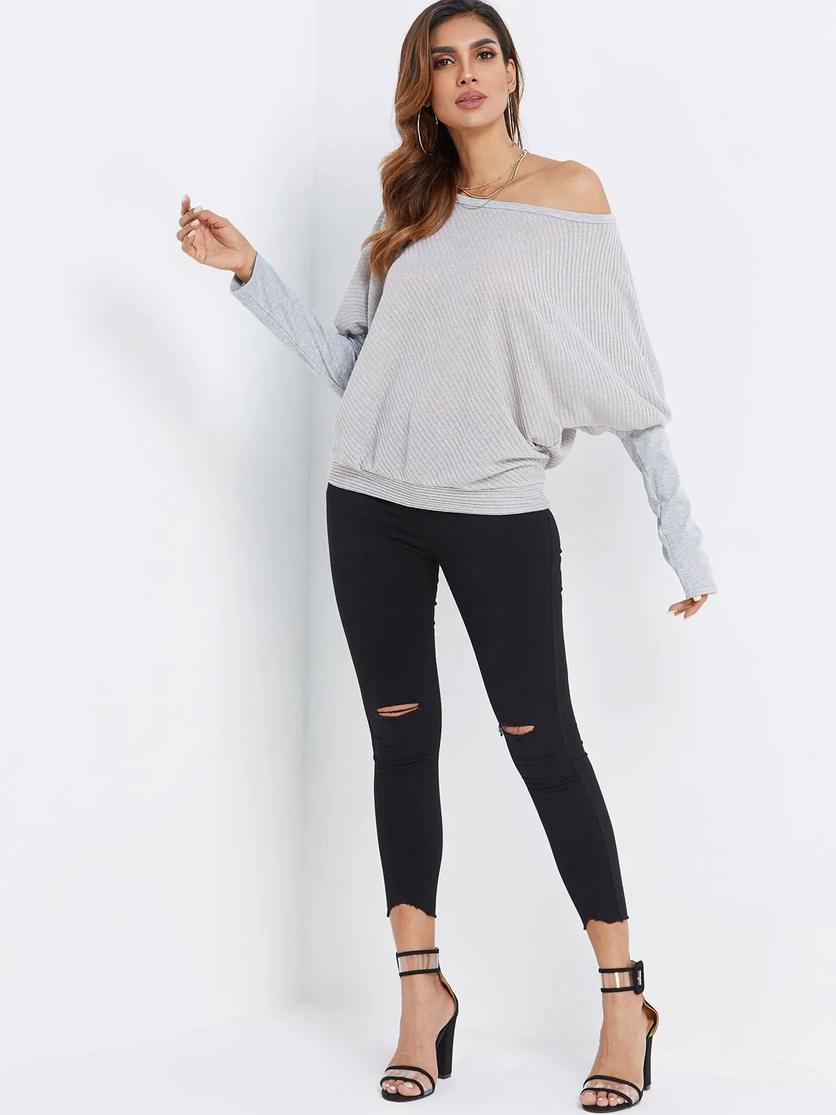 OEM ODM Round Neck One Shoulder Plain Long Sleeve Grey Top
