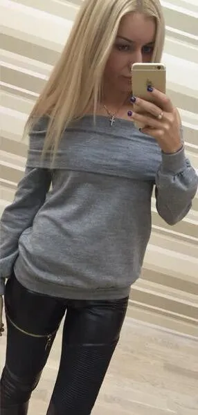 Off Shoulder Pure Color Long Sleeves Loose T-shirt Sweatshirt