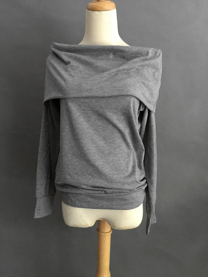 Off Shoulder Pure Color Long Sleeves Loose T-shirt Sweatshirt
