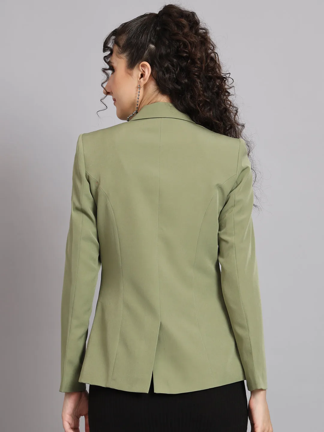Olive Polyester Notch Collar Stretch Blazer