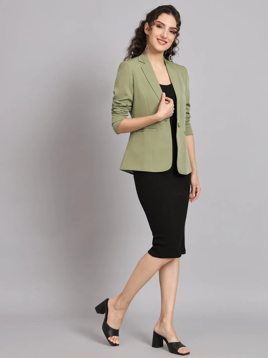 Olive Polyester Notch Collar Stretch Blazer