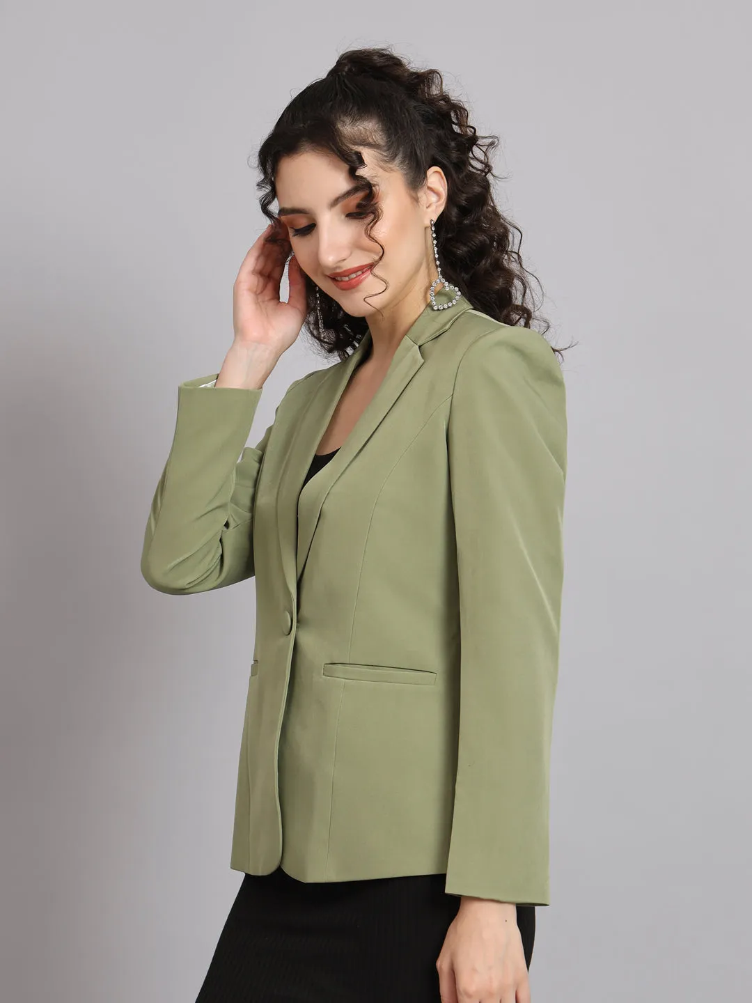 Olive Polyester Notch Collar Stretch Blazer