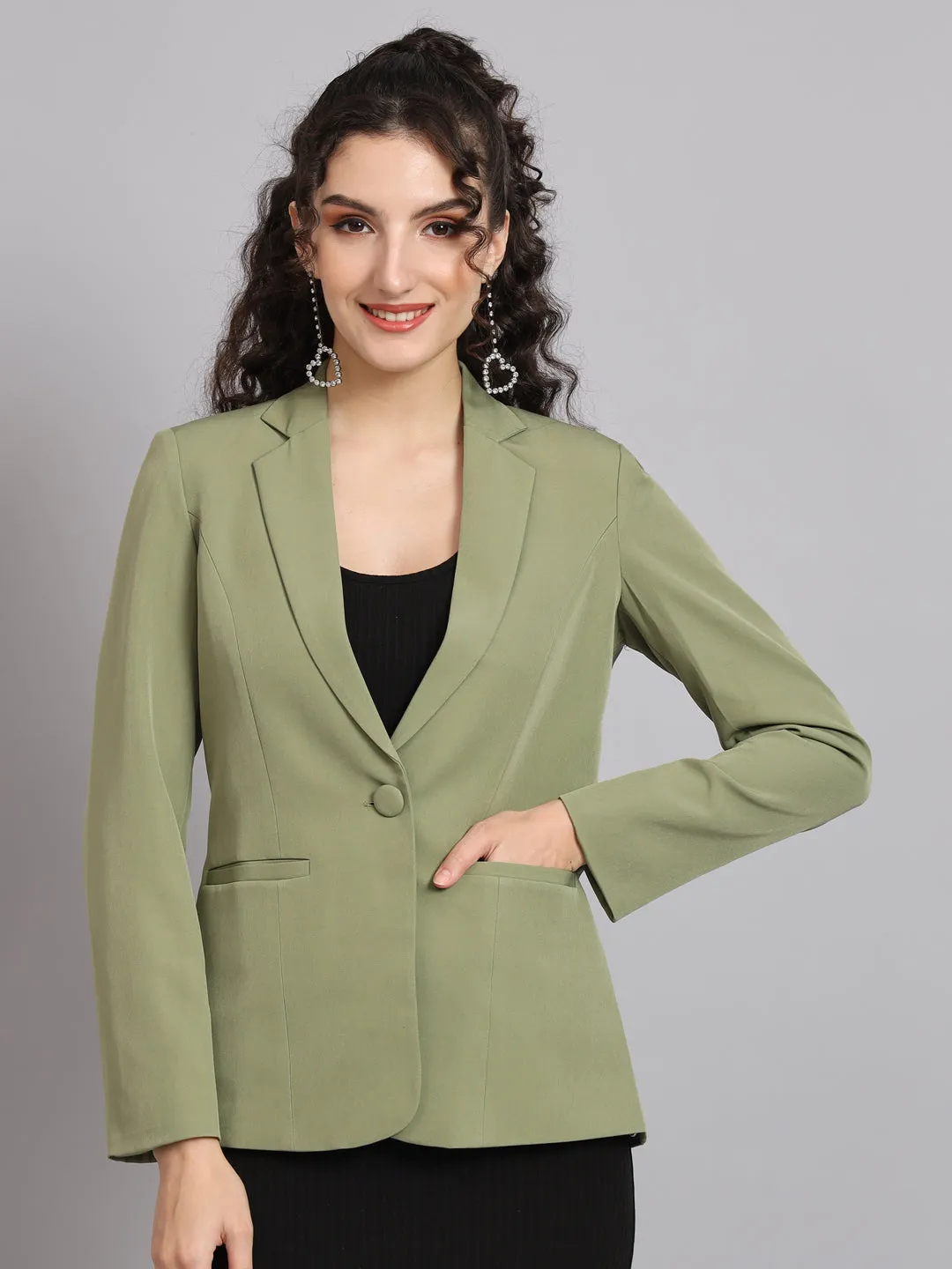 Olive Polyester Notch Collar Stretch Blazer
