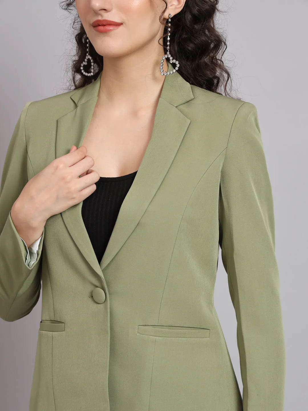 Olive Polyester Notch Collar Stretch Blazer