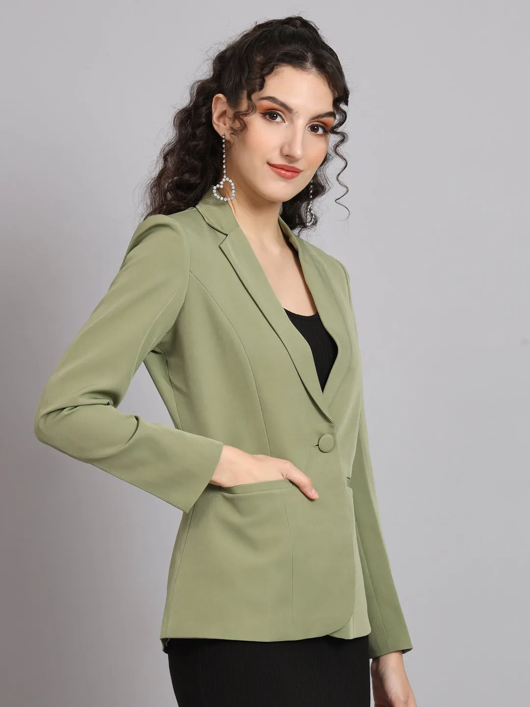 Olive Polyester Notch Collar Stretch Blazer
