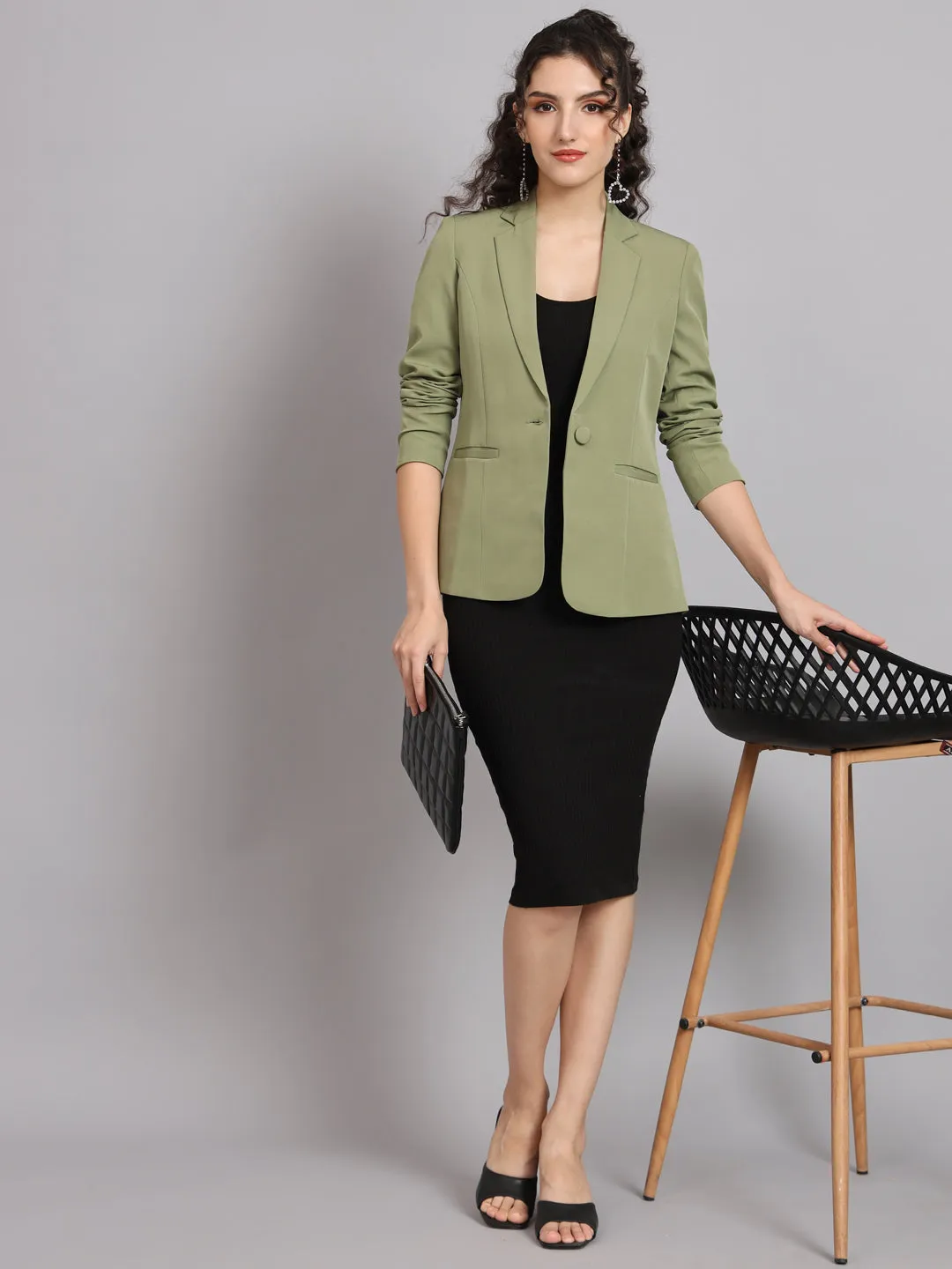 Olive Polyester Notch Collar Stretch Blazer
