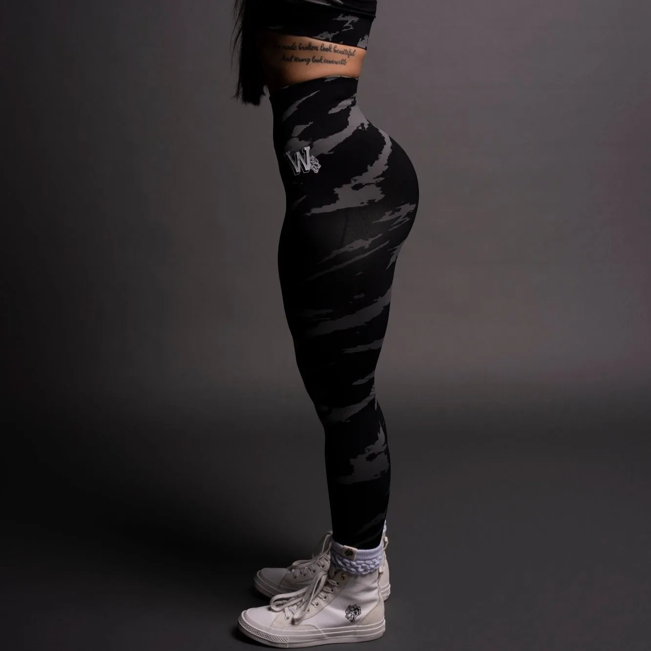 Our Stamp "Everson Seamless" Scrunch Leggings in Black Native Camo