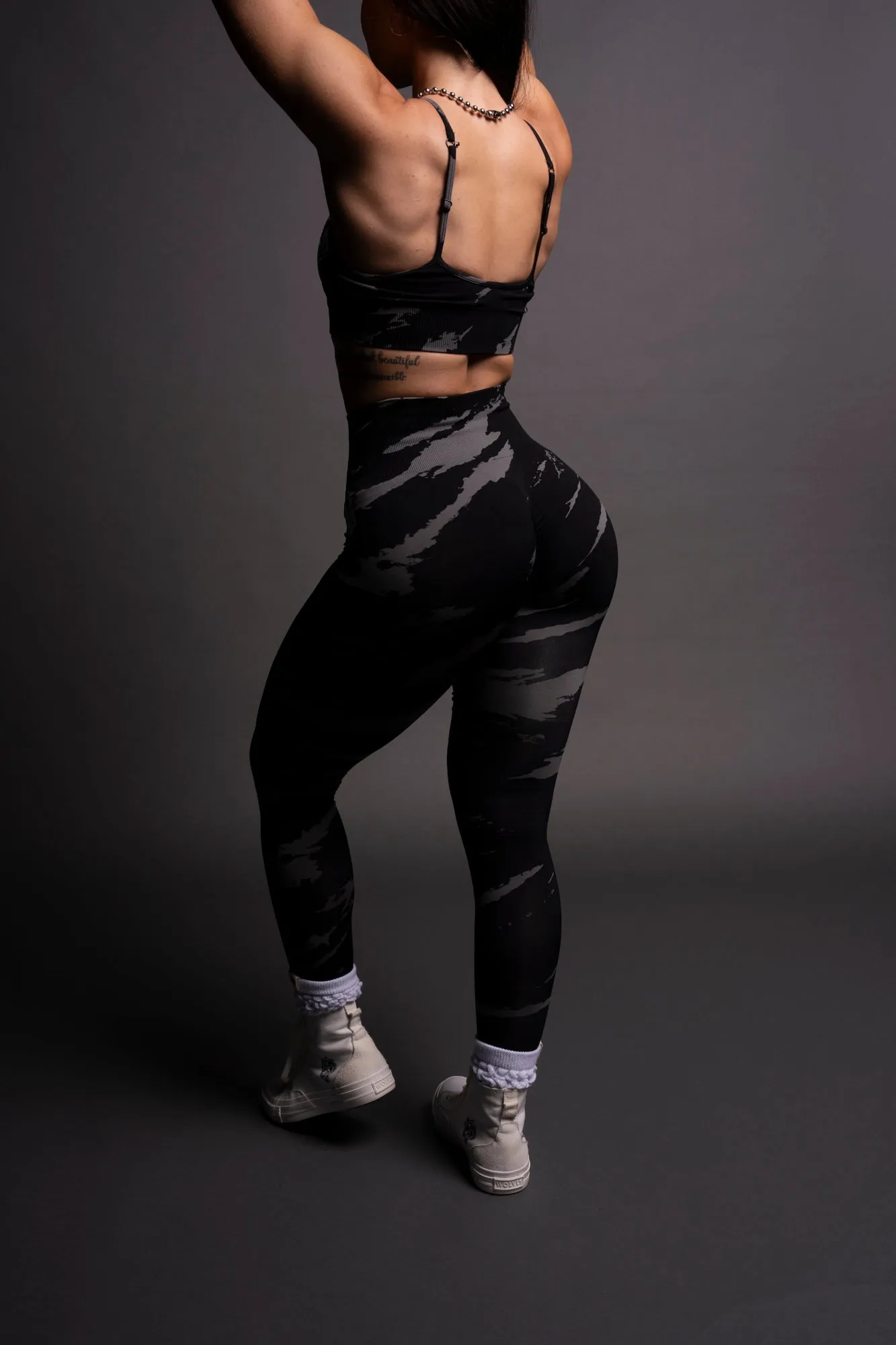 Our Stamp "Everson Seamless" Scrunch Leggings in Black Native Camo