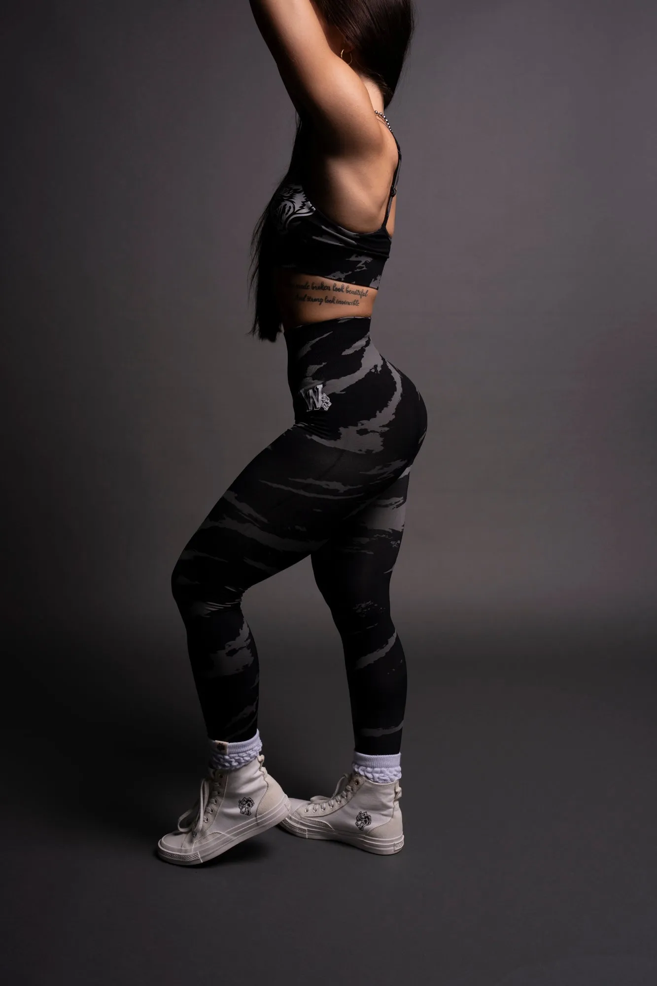 Our Stamp "Everson Seamless" Scrunch Leggings in Black Native Camo