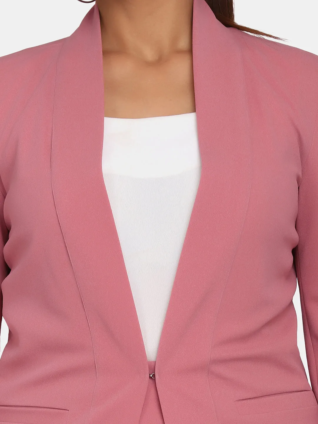 Pink Polyester Lapel Less Stretch Blazer For Women