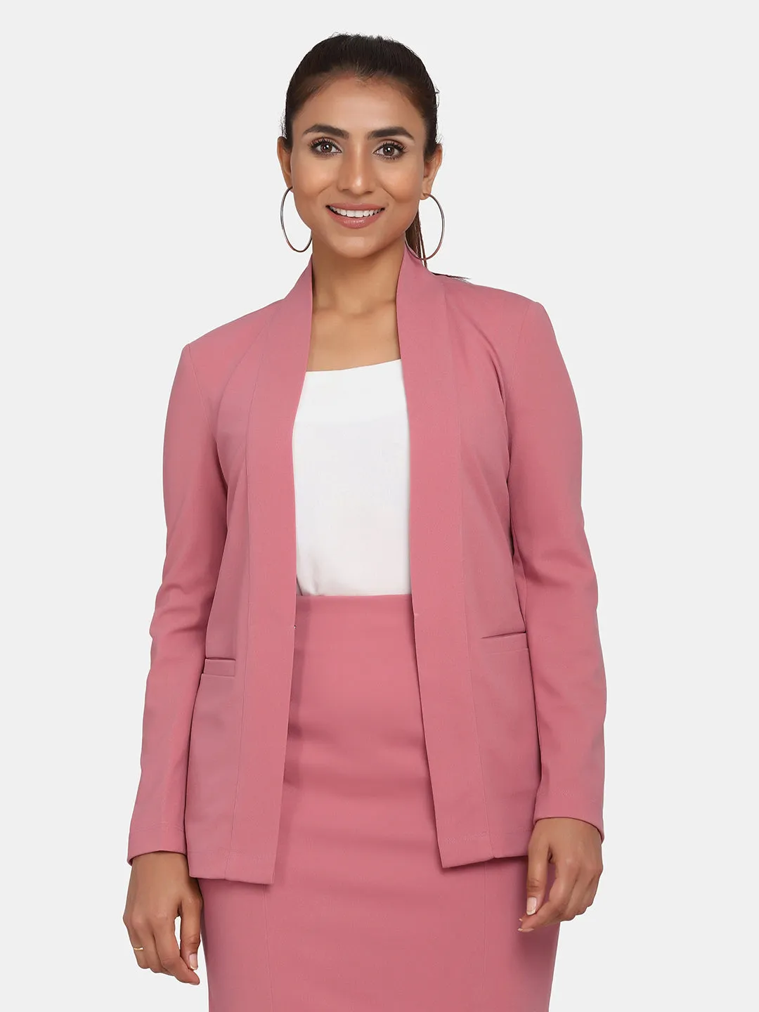Pink Polyester Lapel Less Stretch Blazer For Women
