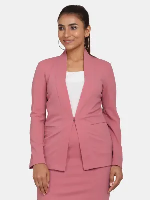 Pink Polyester Lapel Less Stretch Blazer For Women