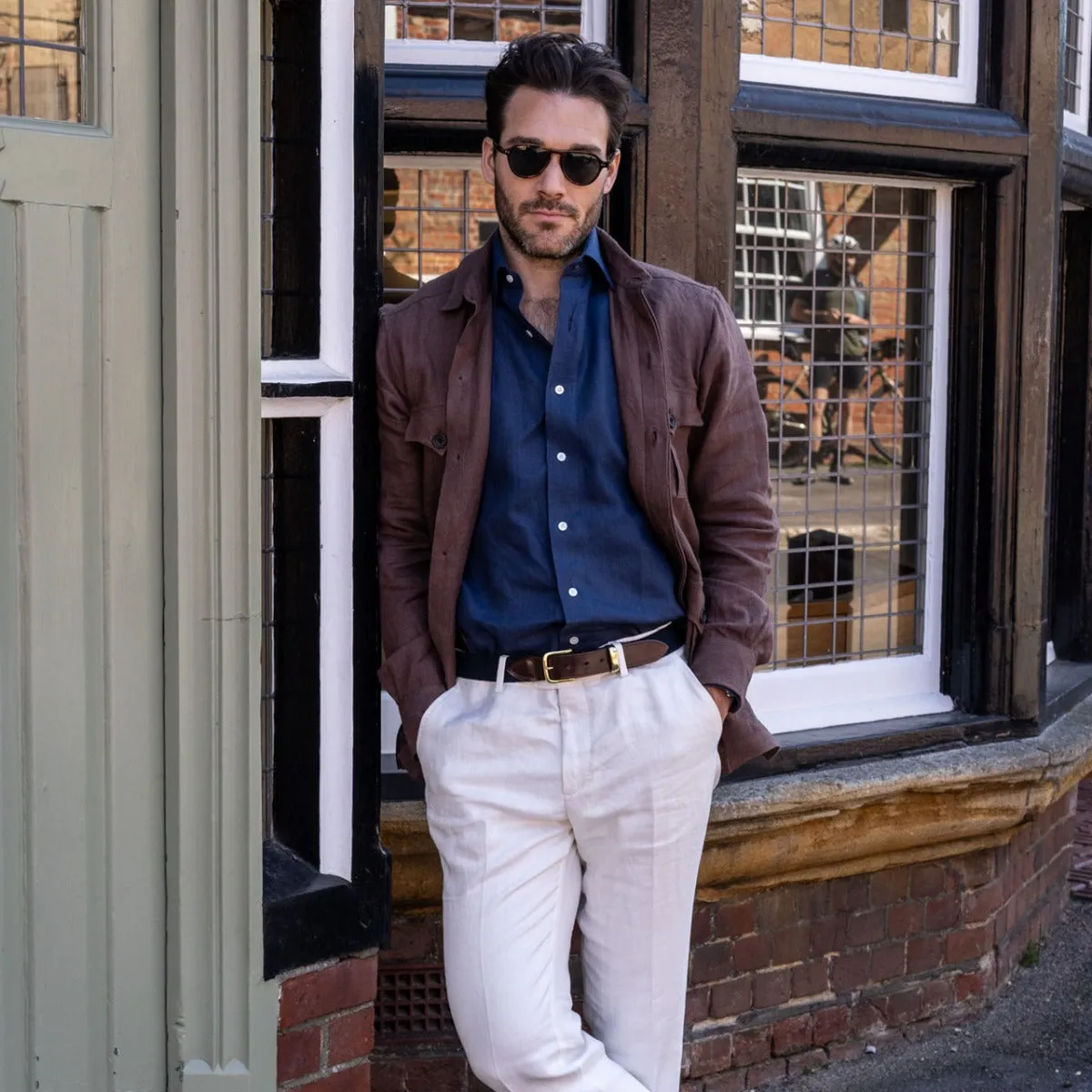Plain Linen Button Cuff Safari Shirt in Cocoa