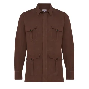 Plain Linen Button Cuff Safari Shirt in Cocoa