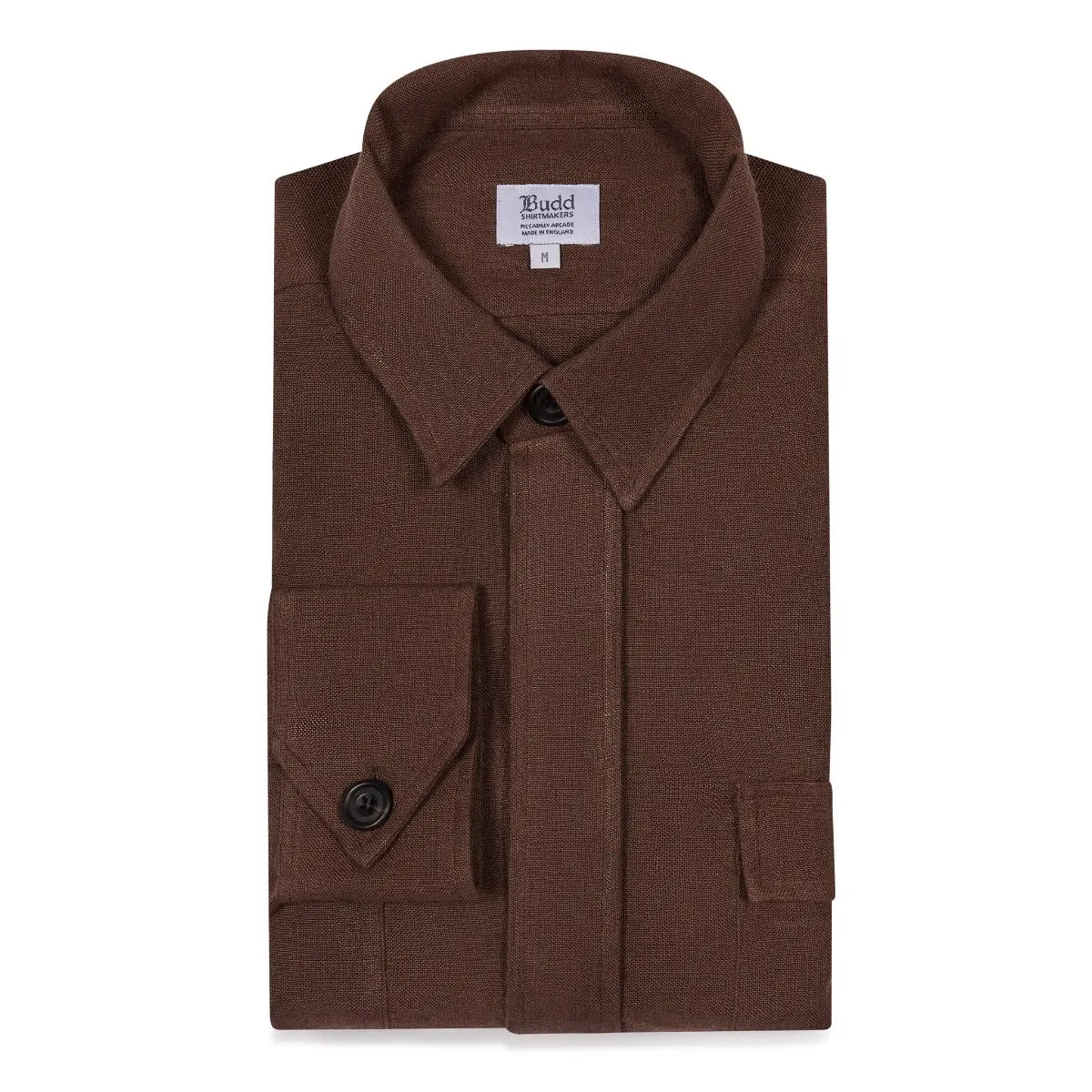 Plain Linen Button Cuff Safari Shirt in Cocoa