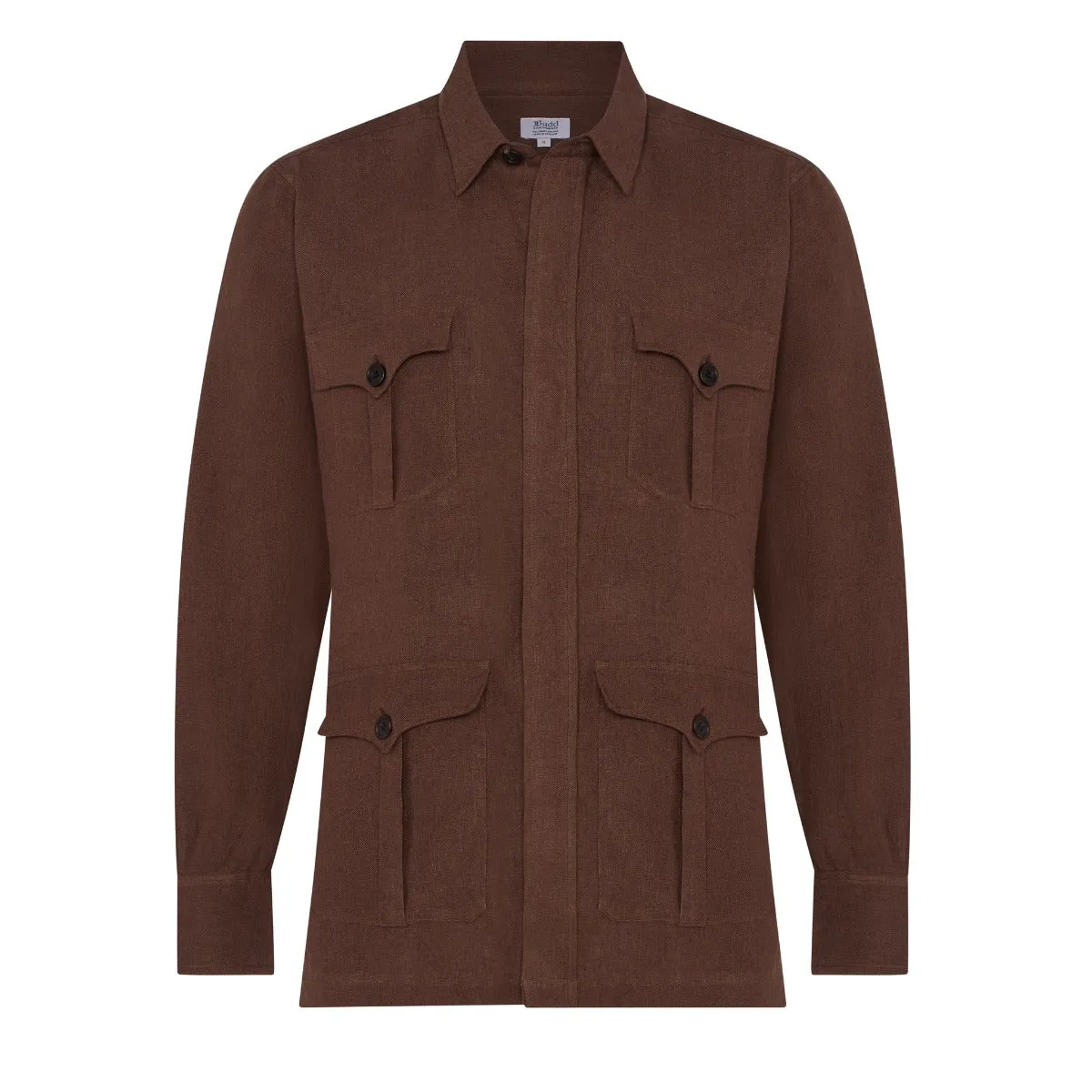 Plain Linen Button Cuff Safari Shirt in Cocoa