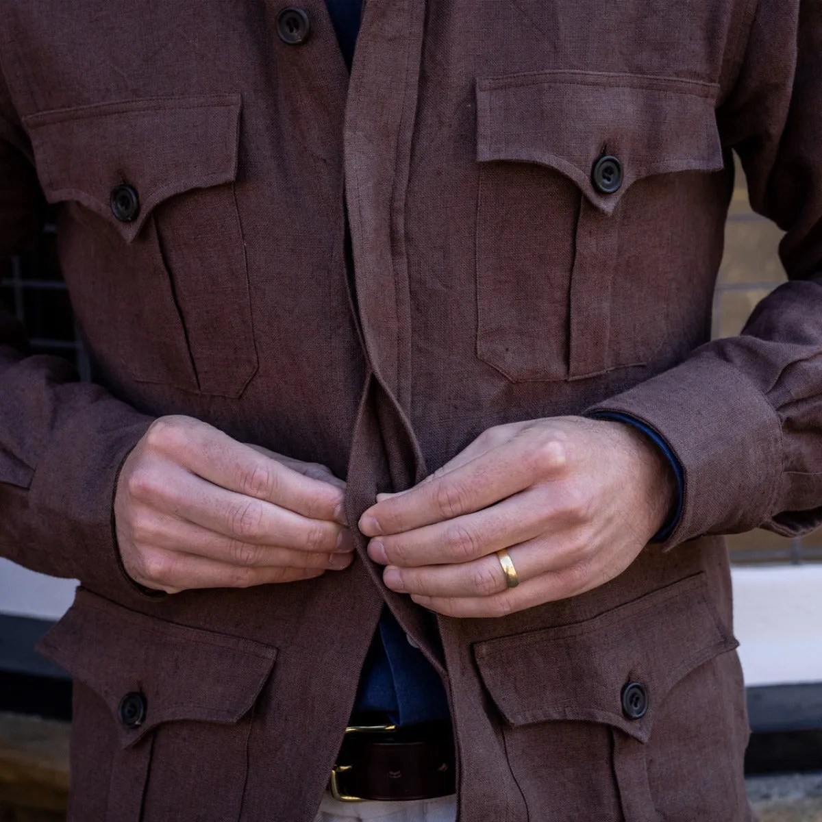 Plain Linen Button Cuff Safari Shirt in Cocoa