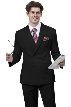 "EJ Samuel Men's Double Breasted Peak Lapel Suit - Refined, Modern-Cut Black"