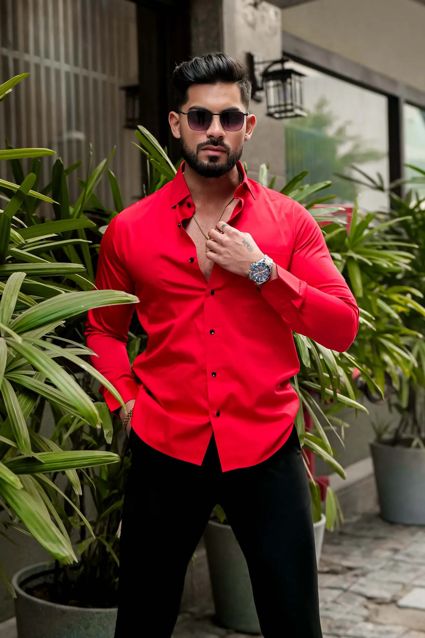 RADICAL RED CHAMBRAY PREMIUM COTTON SHIRT