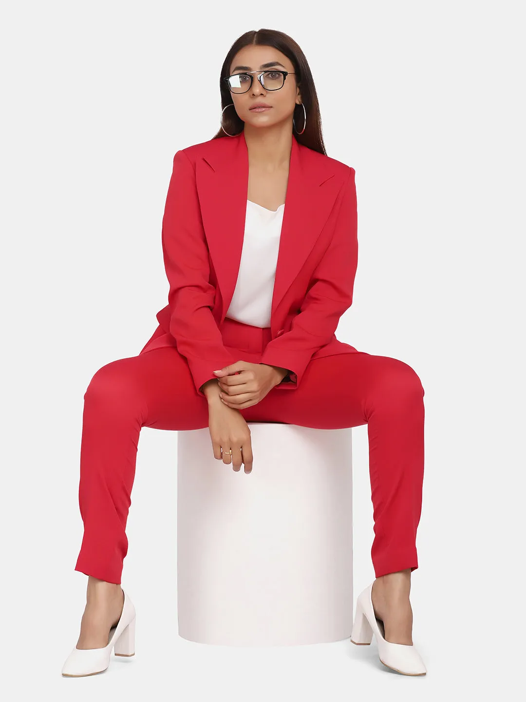 Red Polyester Single Button Blazer ONLY