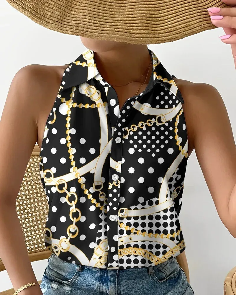Summer Casual Off-Shoulder Sleeveless Abstract Printed Women's Blouse – Slim Fit Turn-Down Collar Single-Breasted Femme Top