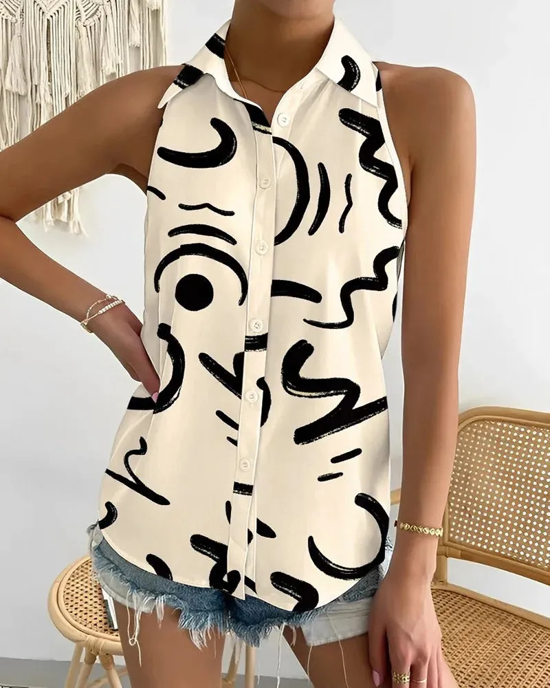 Summer Casual Off-Shoulder Sleeveless Abstract Printed Women's Blouse – Slim Fit Turn-Down Collar Single-Breasted Femme Top