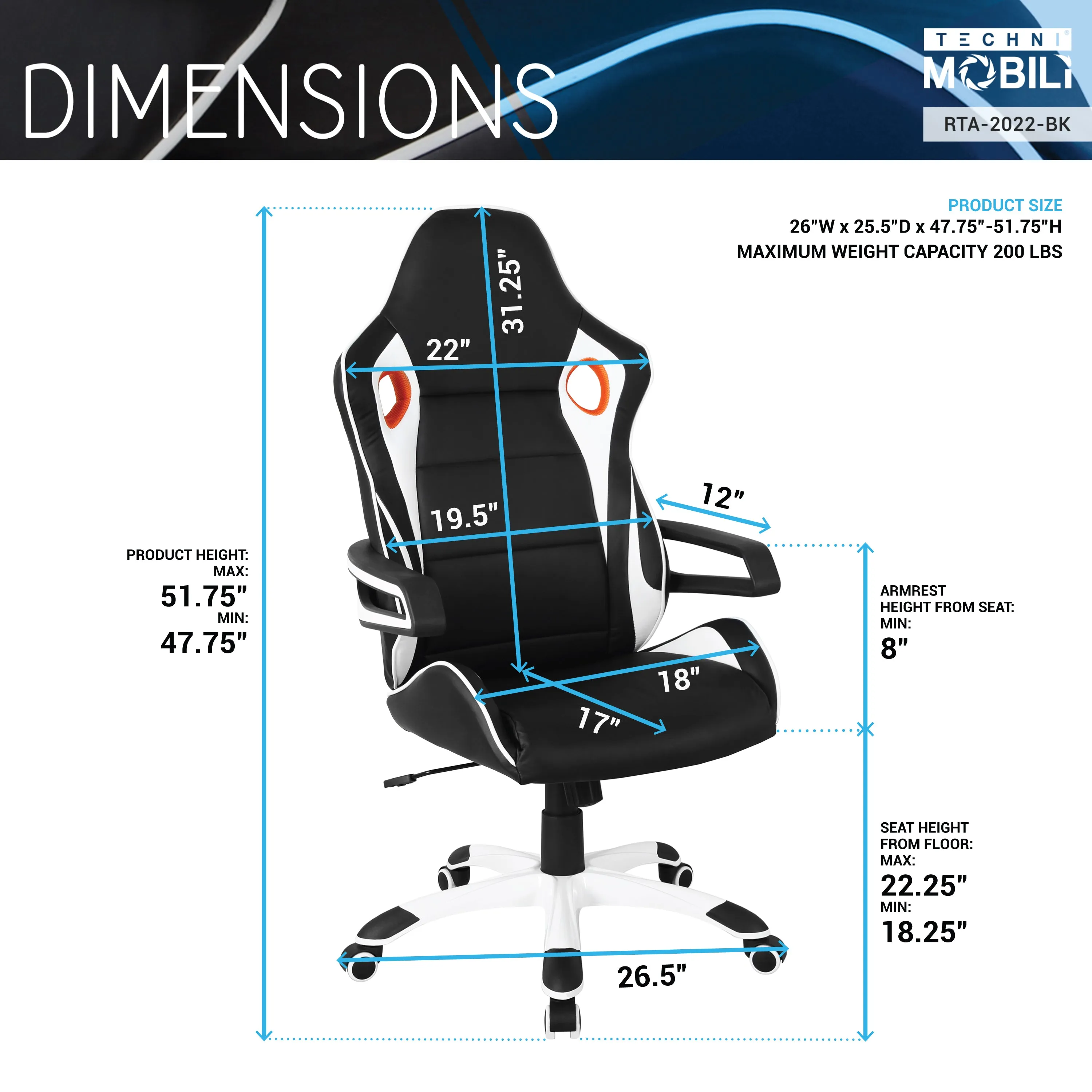 Techni Mobili Racing Style Home  Office Chair, Black PU Leather