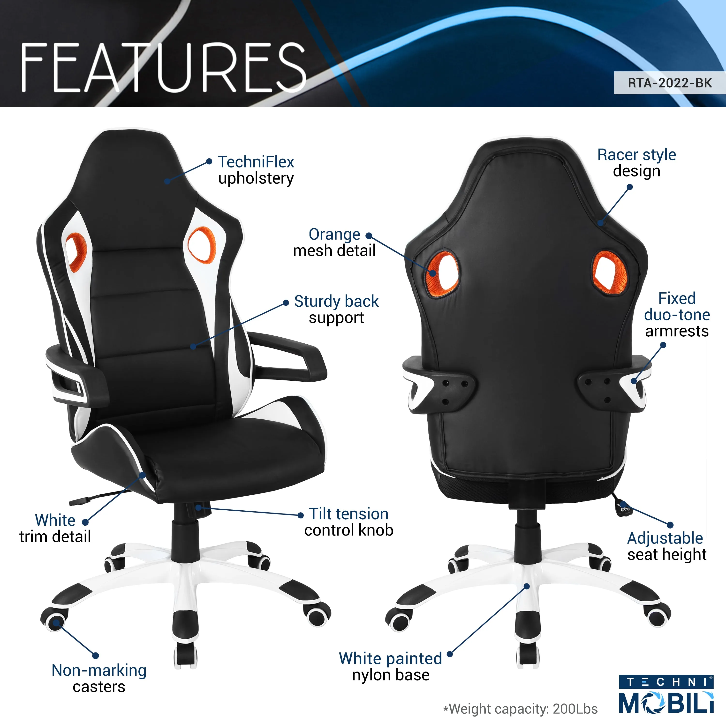 Techni Mobili Racing Style Home  Office Chair, Black PU Leather
