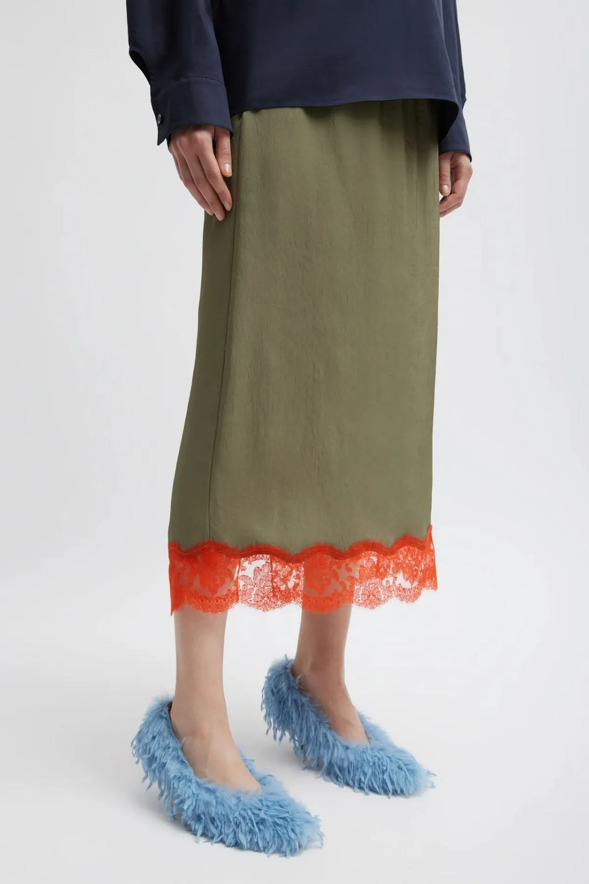 Tibi Lace Applique Slip Skirt - Olive/ Red Multi