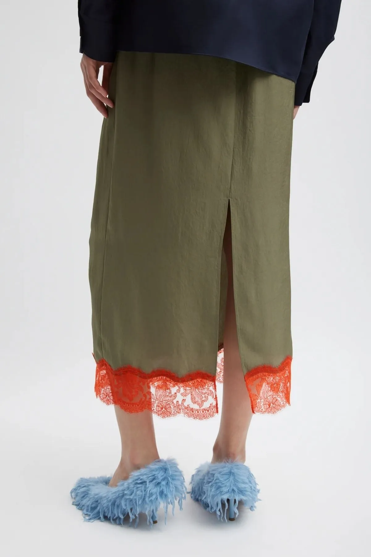 Tibi Lace Applique Slip Skirt - Olive/ Red Multi