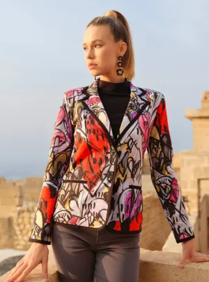 Watermelon Heart Fitted Blazer with Square Buttons Detail
