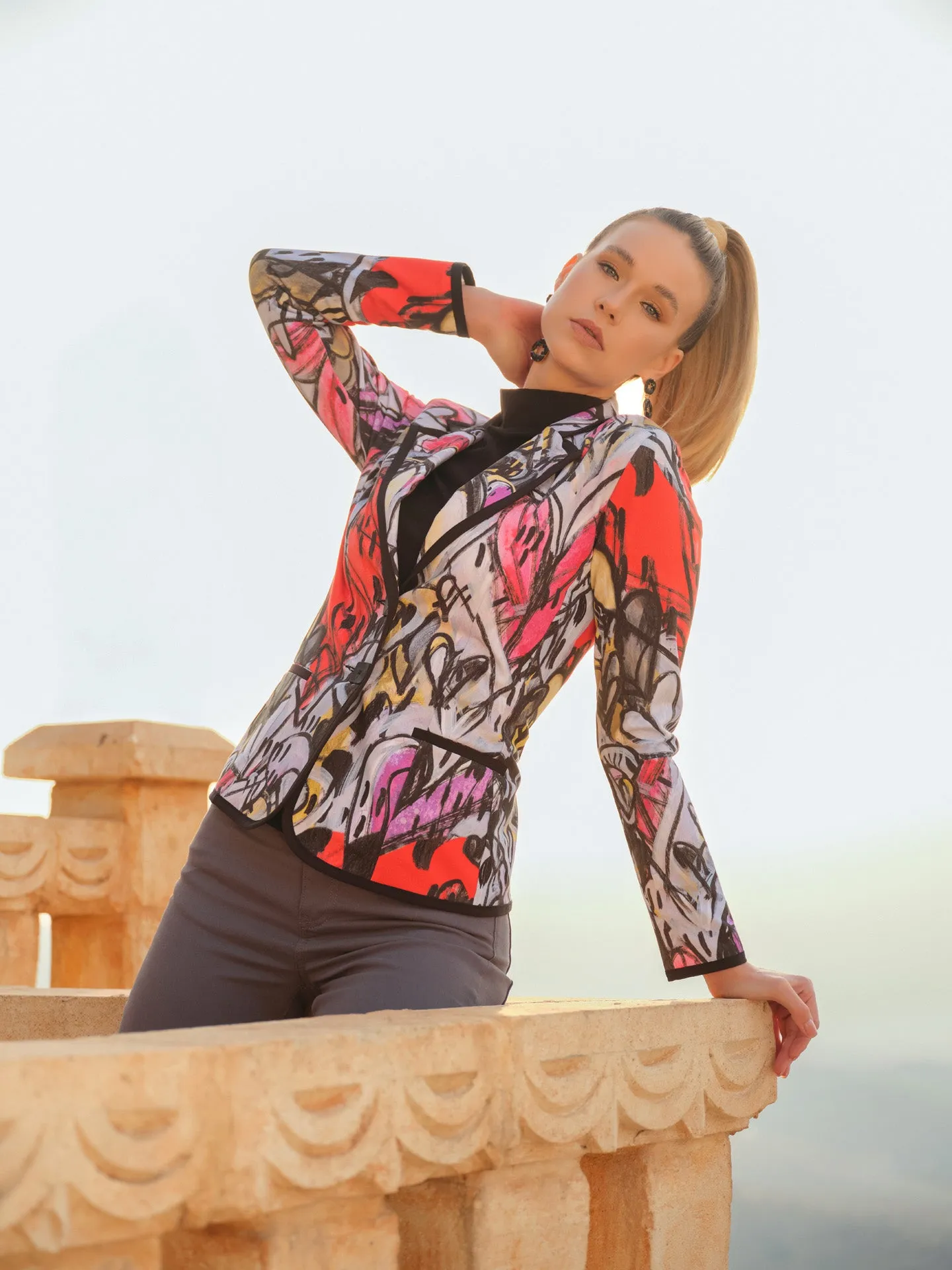 Watermelon Heart Fitted Blazer with Square Buttons Detail